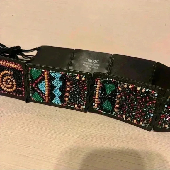 Chico’s Boho Leather Beaded Belt M/L - Picture 5 of 12